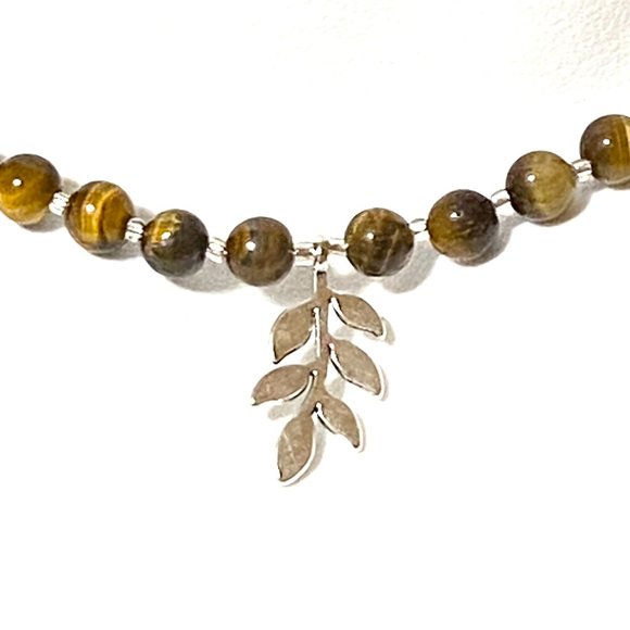 Tigers Eye Stone Silver Leaf Branch Necklace, Genuine Gemstone Beaded Necklace - Picture 3 of 10